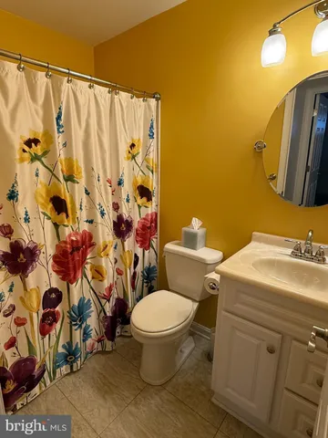 a bathroom with a sink a toilet and shower curtain