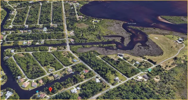 an aerial view of a house with a yard and potted plants