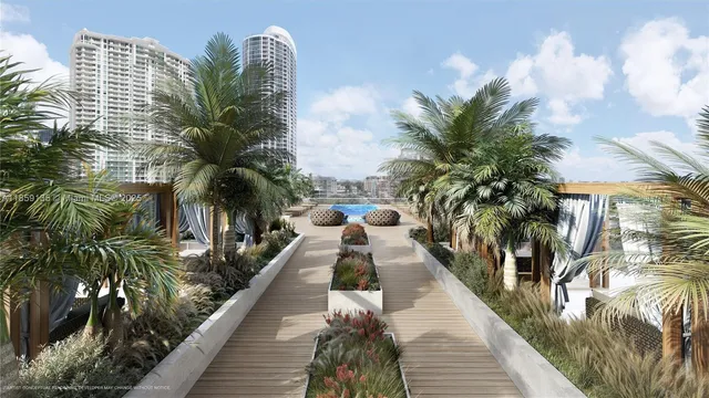 a swimming pool with outdoor seating and plants