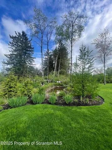 a view of a garden with a fountain