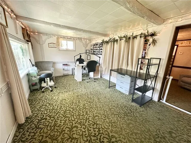 a living room with chairs and a rug