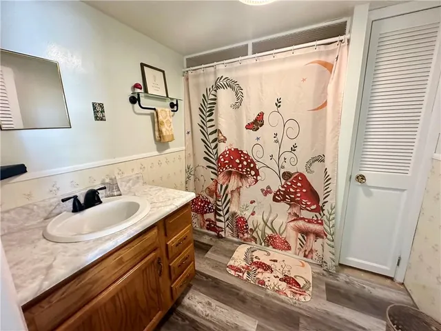a bathroom with a sink and a mirror
