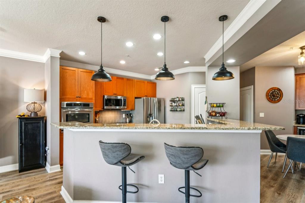 6319 Sunset Bay Circle Apollo Beach, FL 33572 - Photo 17 of 87 a room with stainless steel appliances kitchen island granite countertop dining table chairs and a view of living room