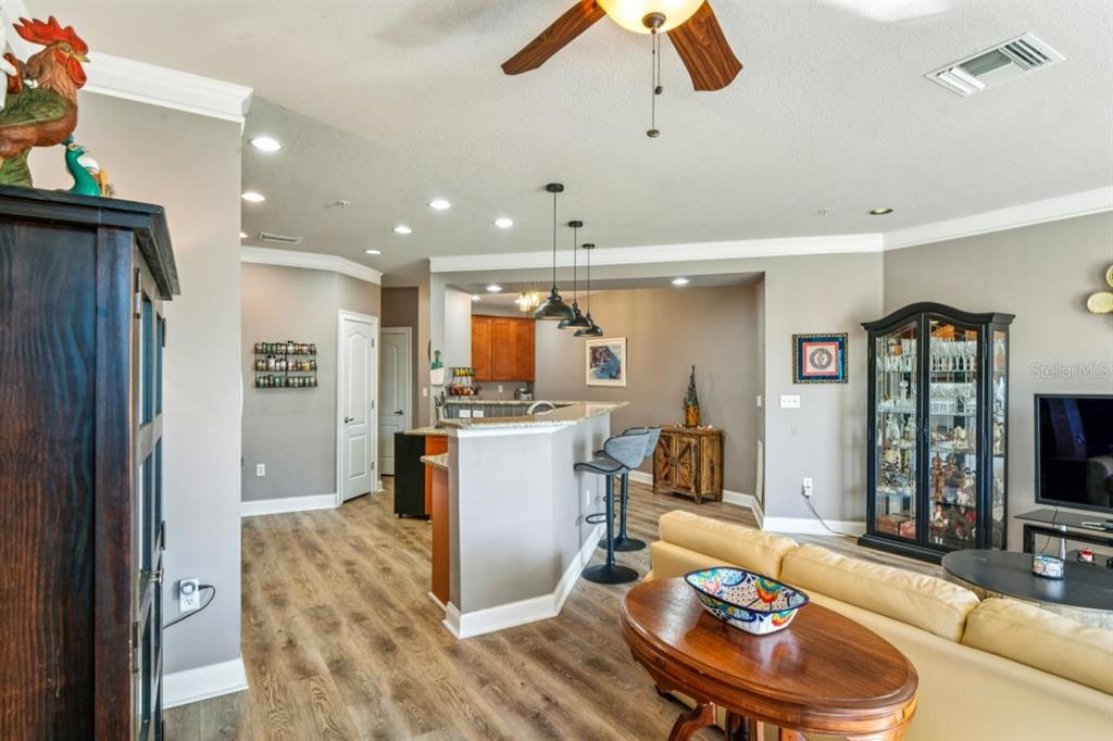 6319 Sunset Bay Circle Apollo Beach, FL 33572 - Photo 80 of 87 a living room with kitchen island furniture and a wooden floor