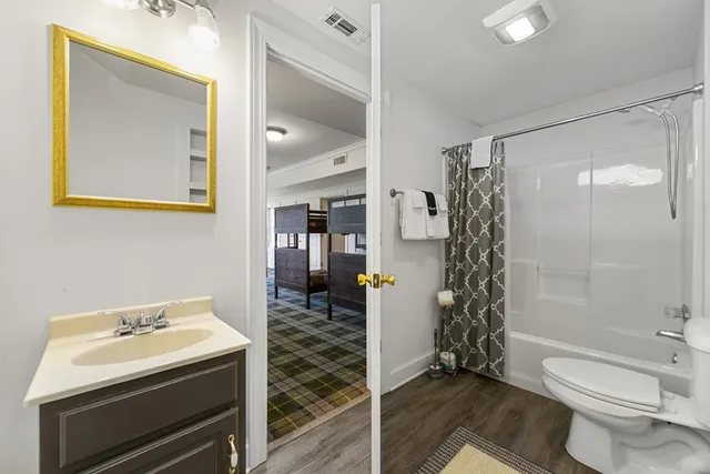 a view of a swimming pool with a garden