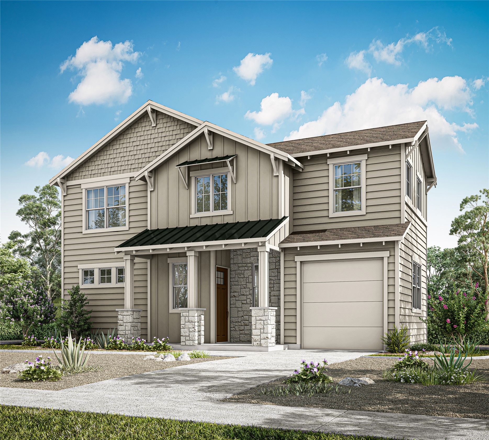 2414 Drew Lane, Unit 9 Austin, TX 78748 - Photo 1 of 5 Craftsman inspired home featuring a garage, board and batten siding, a porch, driveway, and stone siding