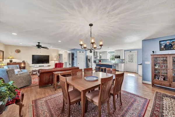 a view of a dining room with furniture
