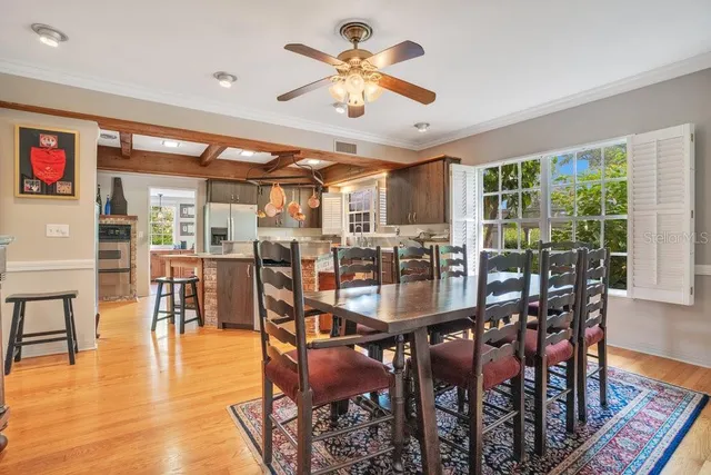 a view of a dining room with furniture window and wooden floor