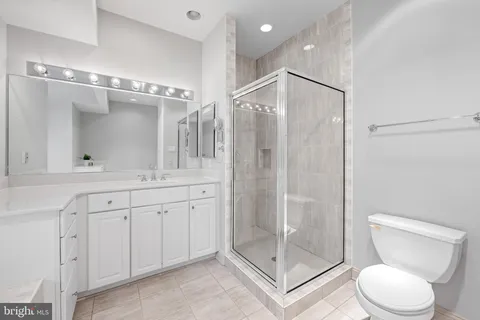 a bathroom with a shower sink mirror and toilet