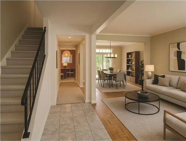 a lobby with furniture and floor to ceiling window