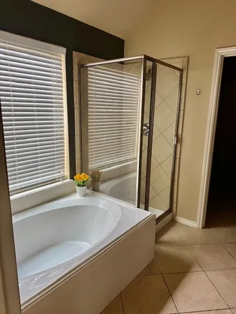 a bathroom with a bathtub and a shower