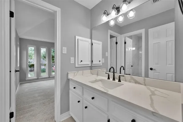 a bathroom with a sink vanity and a mirror