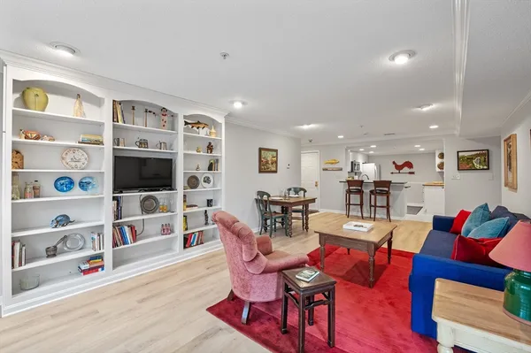 a living room with furniture cabinets and a flat screen tv