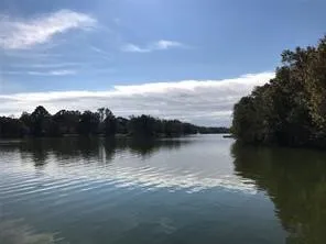 a view of a lake with houses in the background