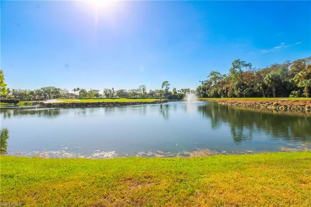 a view of a lake with houses in the back