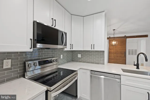 a kitchen with a stove and a microwave