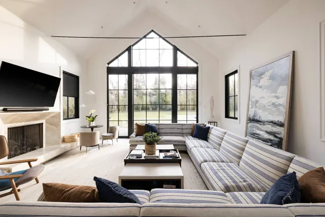 a living room with fireplace furniture and a flat screen tv