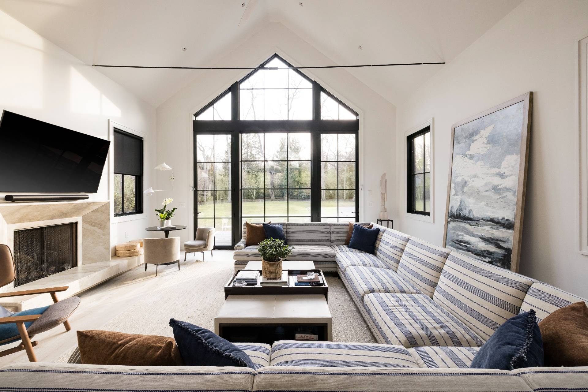 a living room with fireplace furniture and a flat screen tv