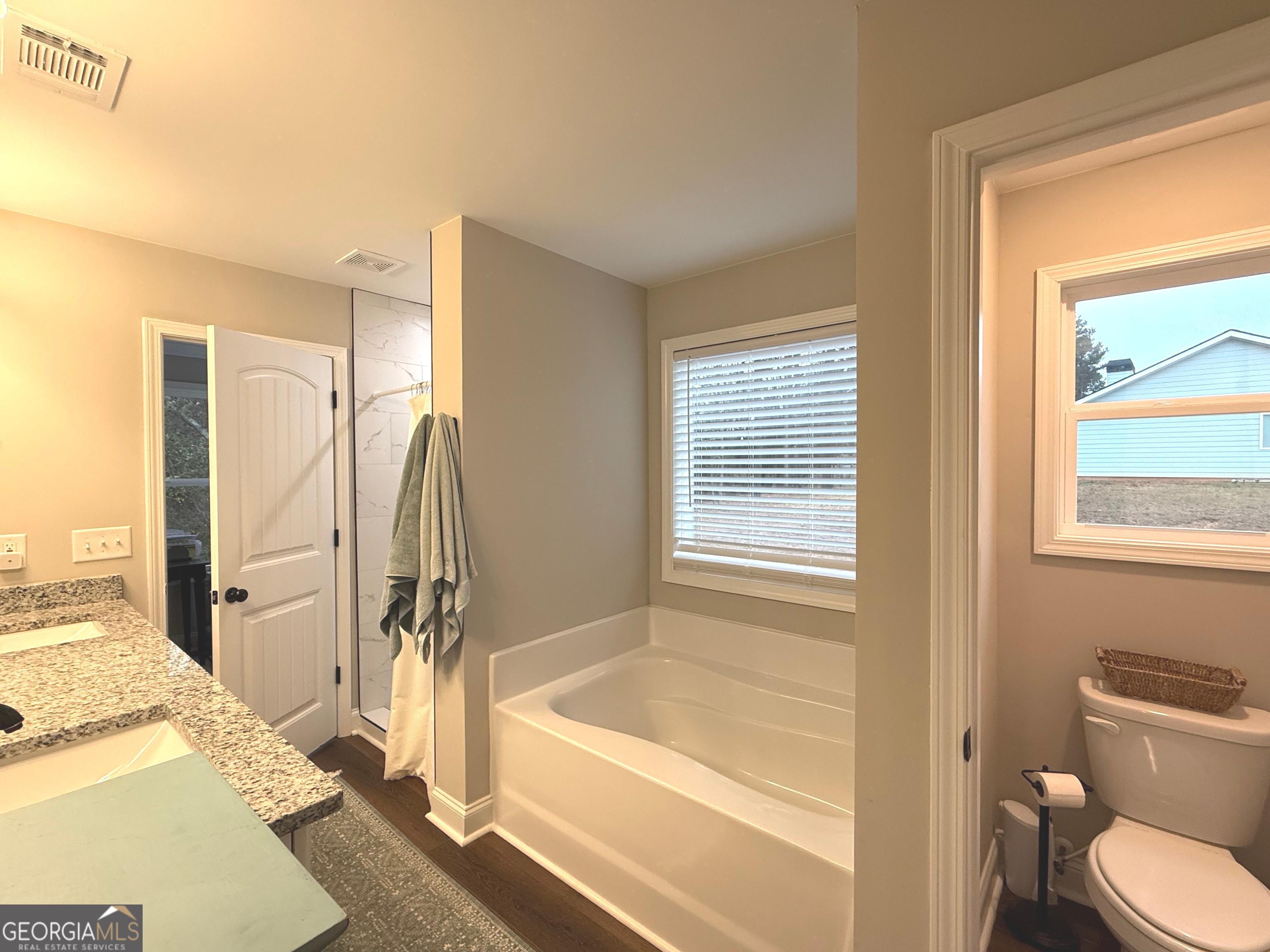 712 Scott Mill Road Hartwell, GA 30643 - Photo 19 of 31 a bathroom with a granite countertop sink toilet and shower
