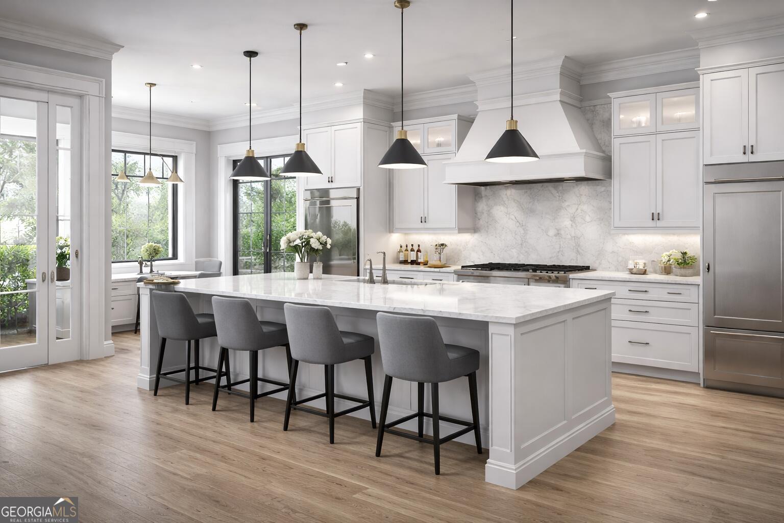 6390 Ivey Road Southeast Mableton, GA 30126 - Photo 6 of 14 a kitchen with stainless steel appliances granite countertop a stove a sink a center island and a wooden floor