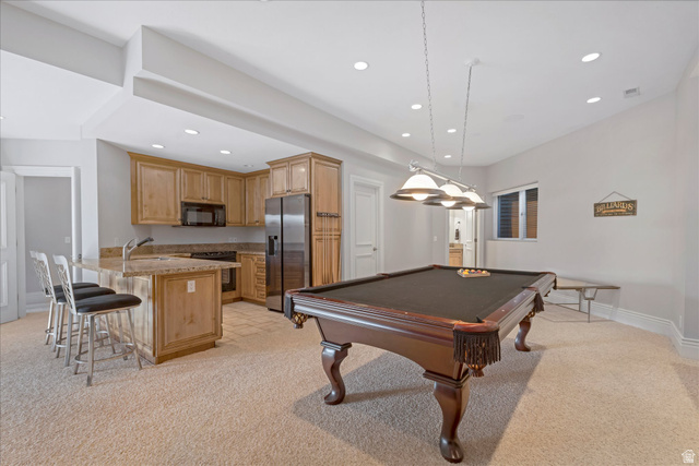 3222 Eagle View Circle Sandy, UT 84092 - Photo 34 of 60 Rec room featuring light colored carpet, recessed lighting, and billiards