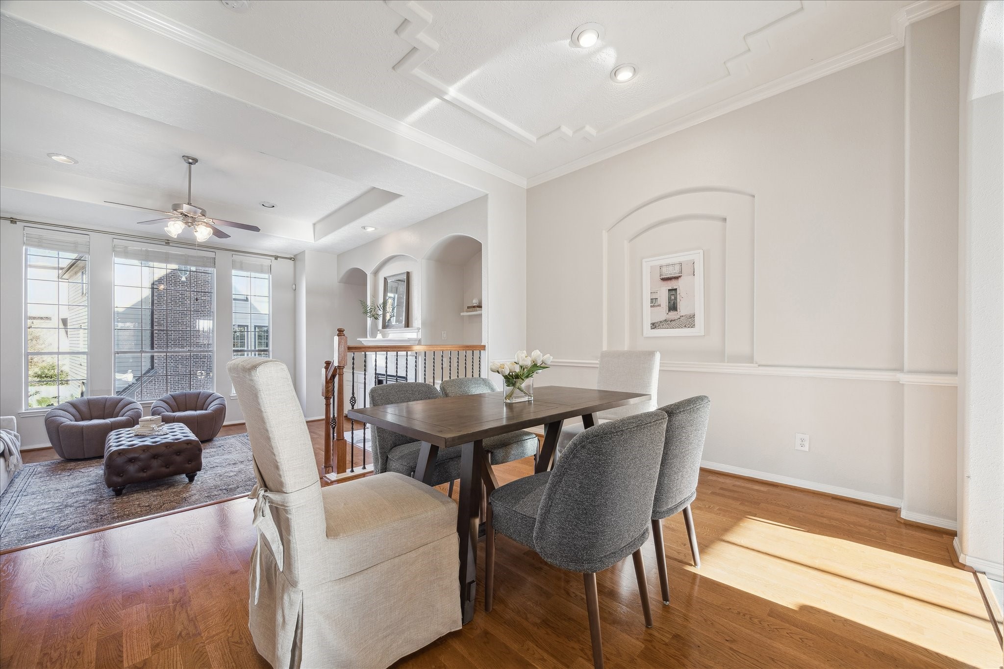 1839 Stacy Crest Houston, TX 77008 - Photo 14 of 39 a view of a dining room with furniture wooden floor and chandelier