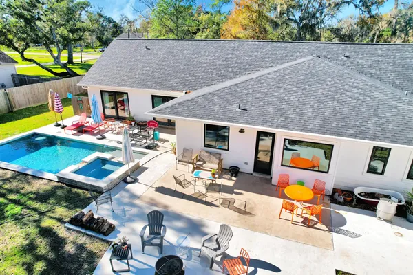 an outdoor space with furniture and patio