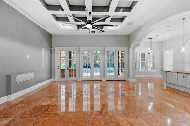 a view of a backyard with potted plants and large tree