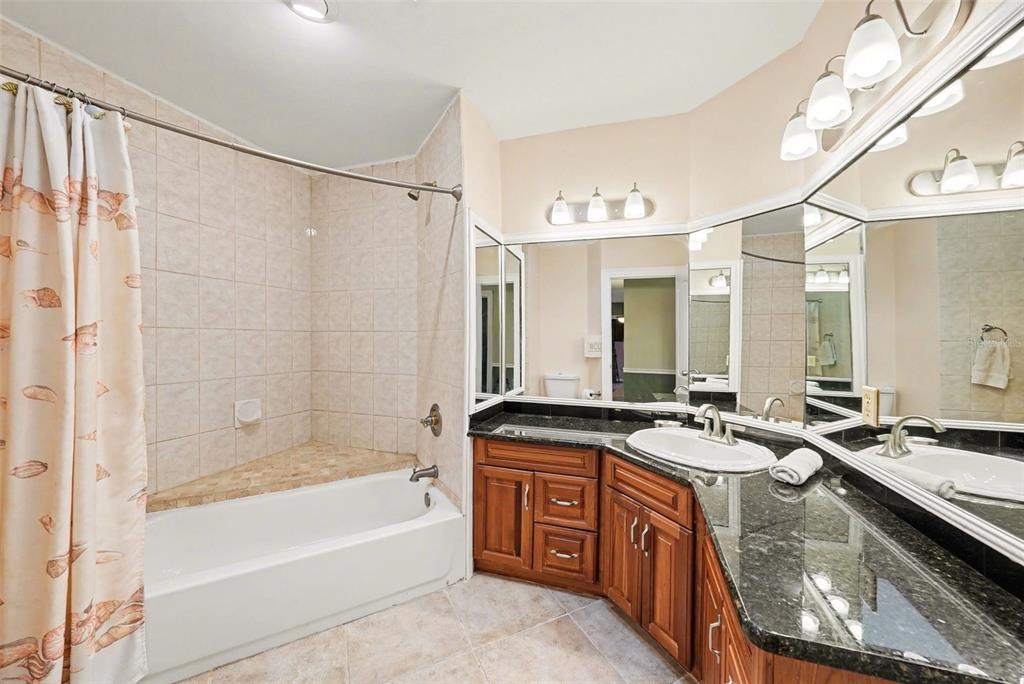 6225 Bayside Drive New Port Richey, FL 34652 - Photo 11 of 31 a bathroom with a granite countertop sink a mirror a bathtub and shower