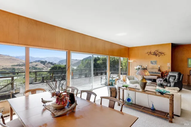 an aerial view of ocean and fields with trees