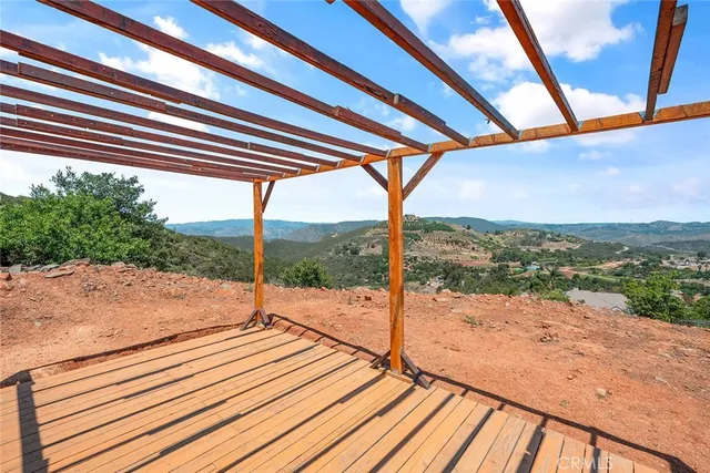 a view of a garden with plants and a bench