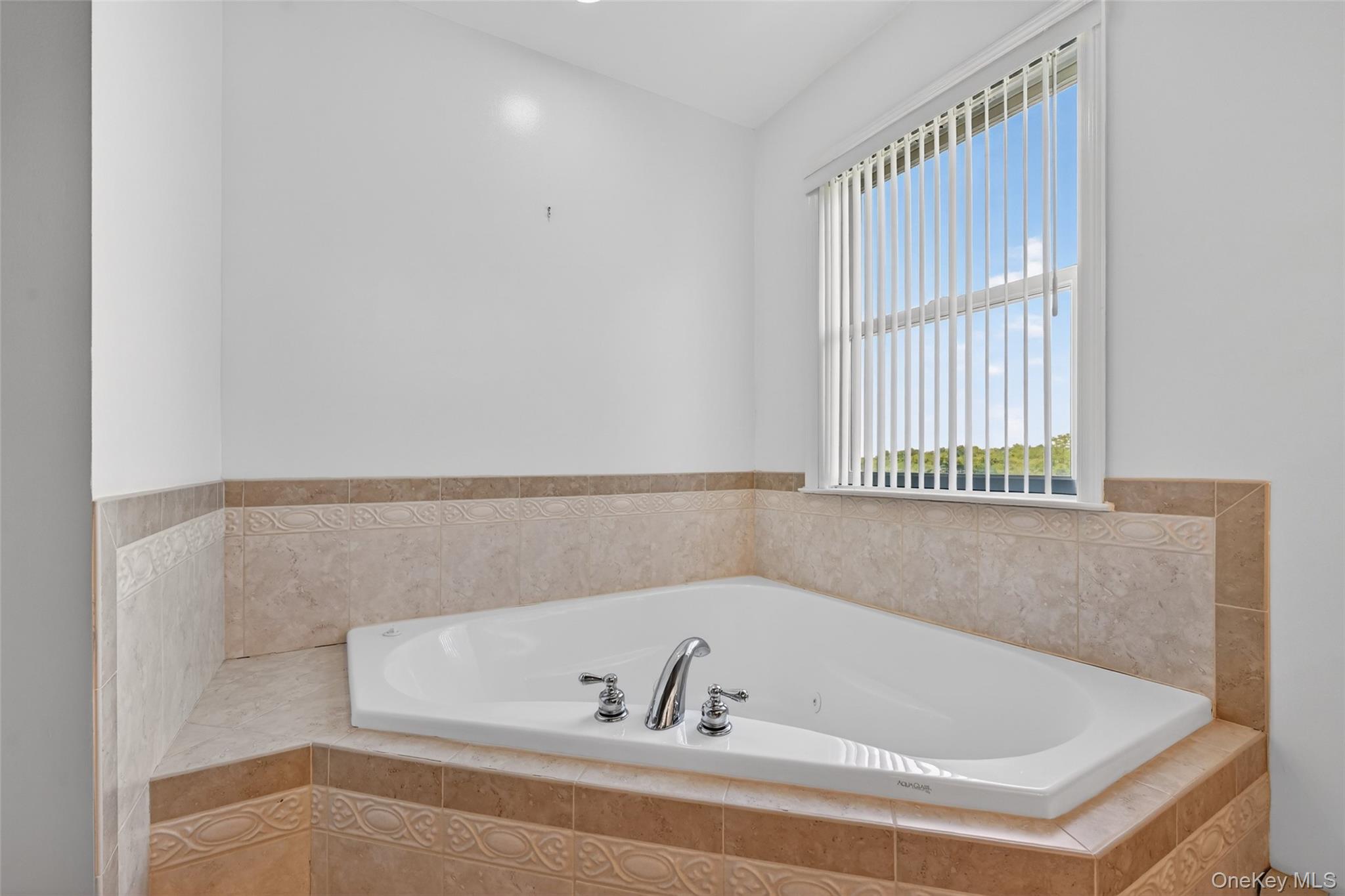 19 Bull Mine Road Chester, NY 10918 - Photo 25 of 42 Corner soaking tub with polished chrome fixtures, surrounded by a tile deck and wainscoting