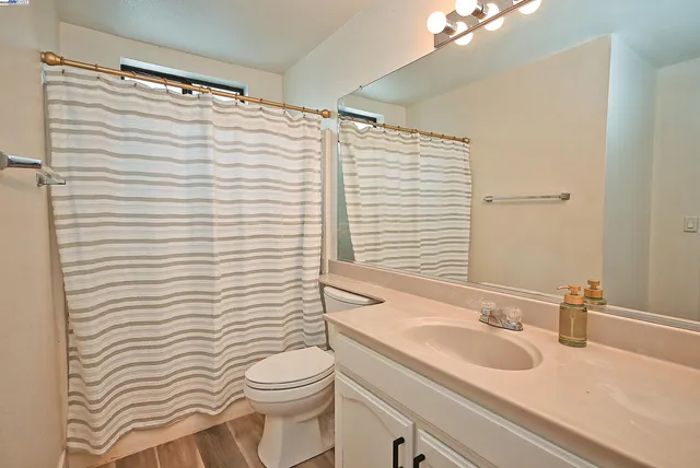 a bathroom with a sink a toilet and shower curtain