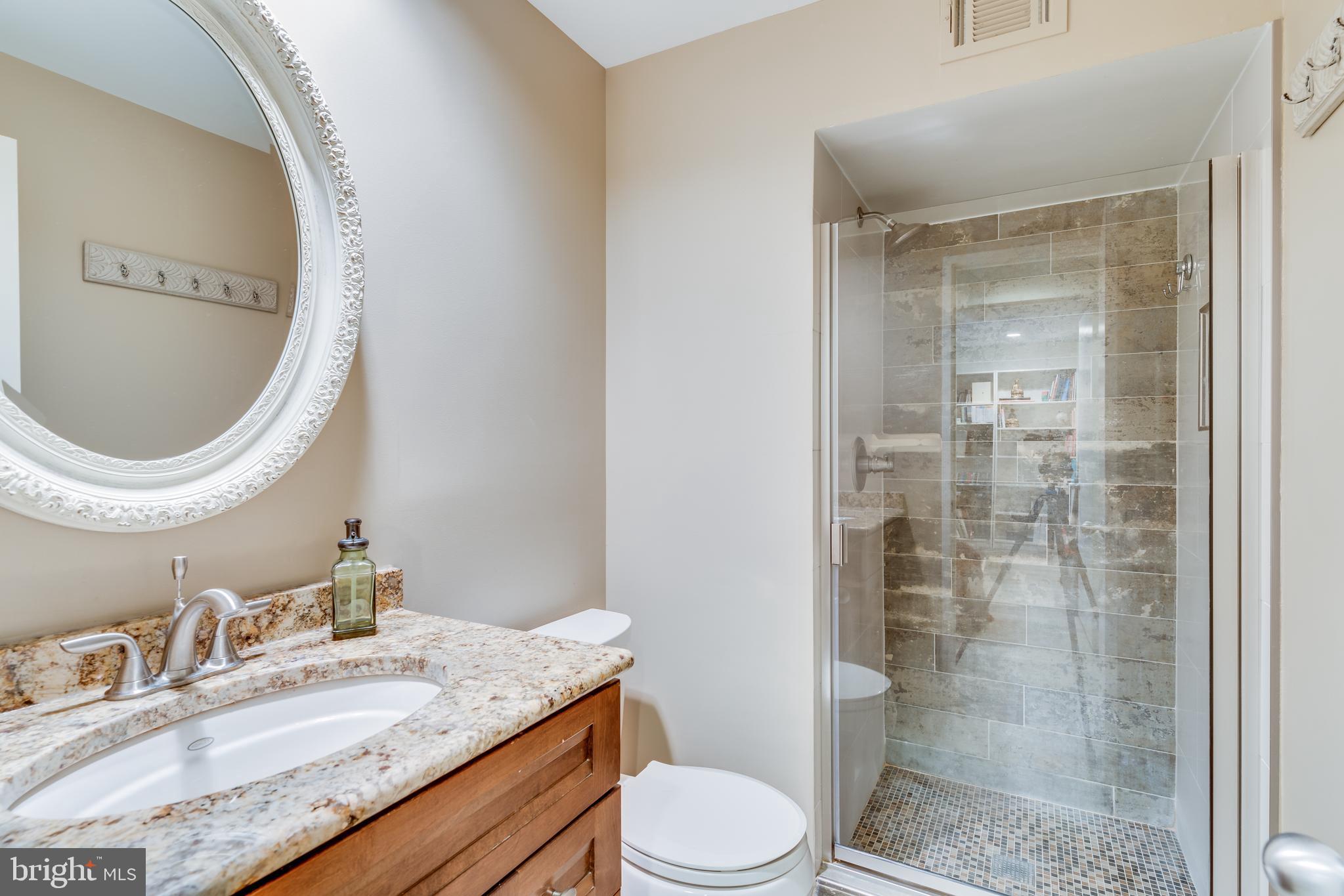 11900 Moss Point Lane Reston, VA 20194 - Photo 24 of 33 a bathroom with a granite countertop sink mirror toilet and shower