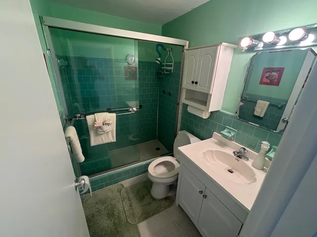 a bathroom with a sink toilet and shower