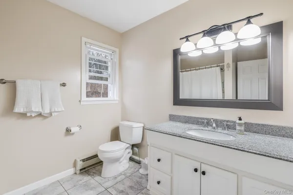 a bathroom with a granite countertop sink a toilet and a mirror