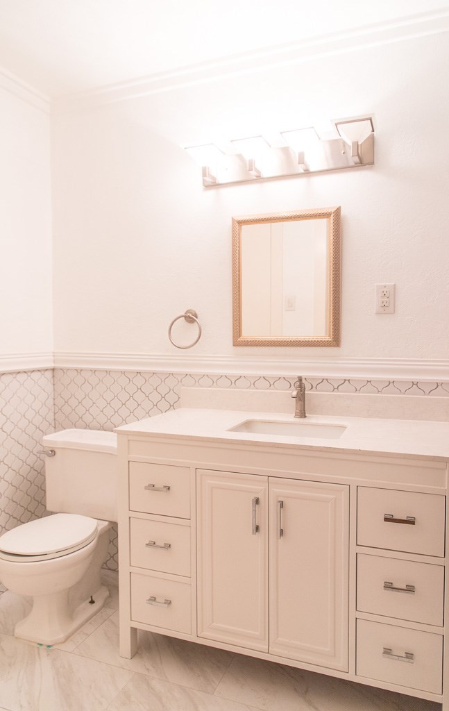 9010 Linkmeadow Lane Houston, TX 77025 - Photo 36 of 39 a bathroom with a toilet a sink a vanity and mirror