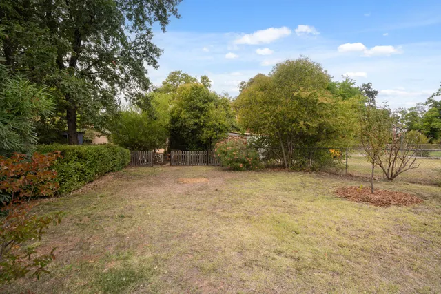 a view of a field with trees in background
