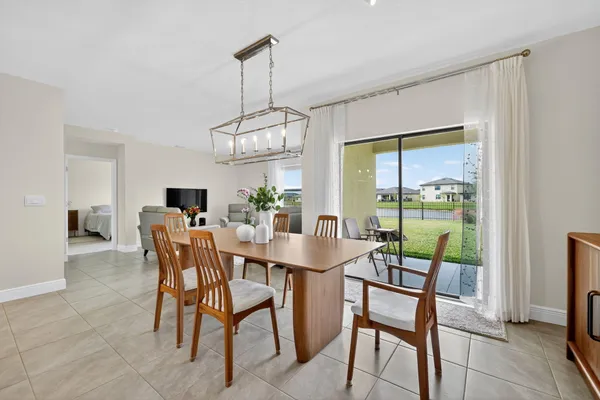 a view of a dining room with furniture window and outside view