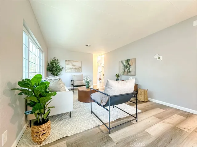 a living room with furniture and a potted plant