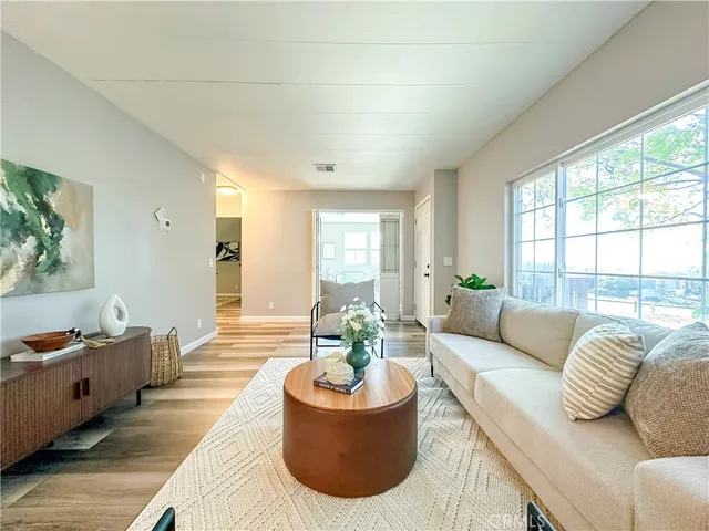 a living room with furniture and a potted plant