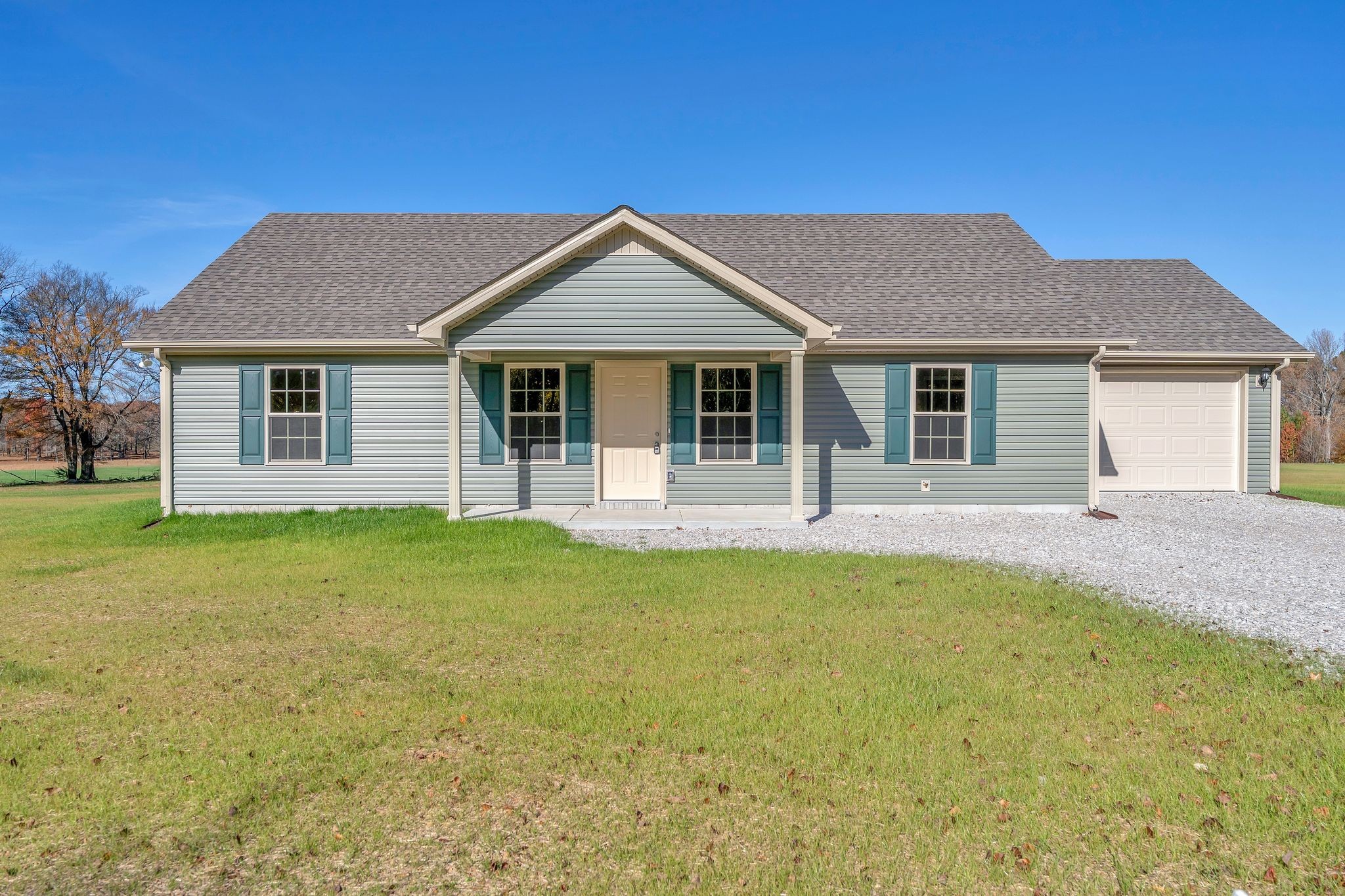 a front view of house with yard and green space