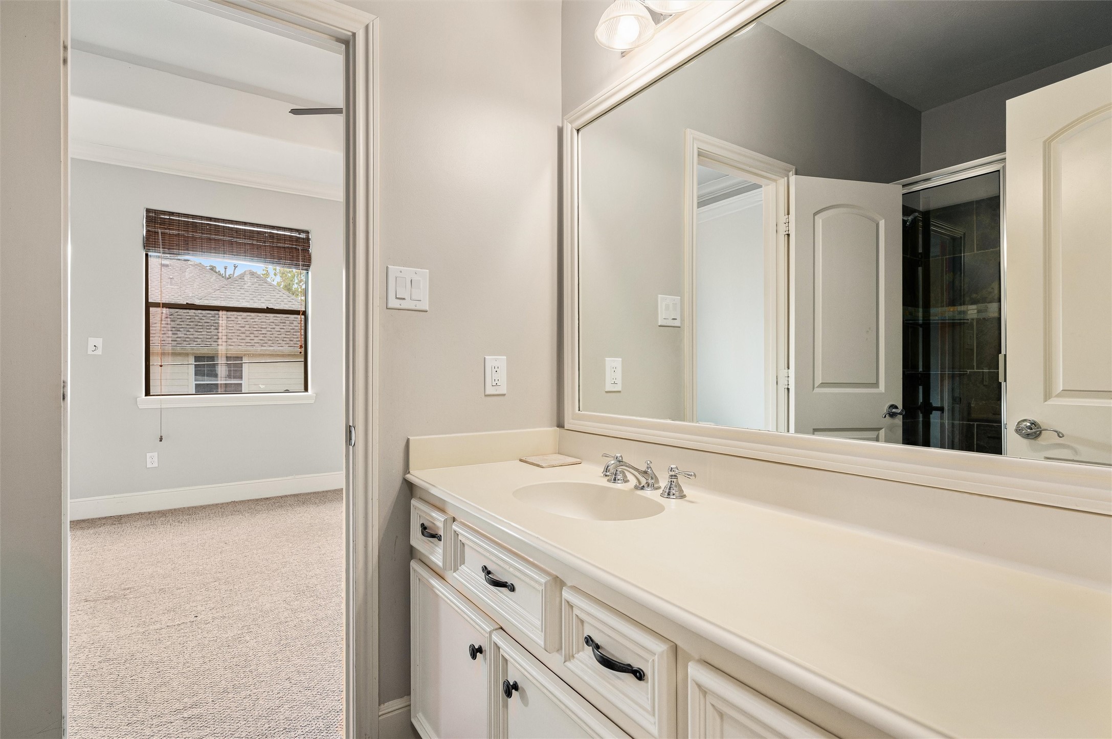 4523 Maple Street Bellaire, TX 77401 - Photo 32 of 50 Across from the walk-in shower, a spacious vanity is highlighted by a framed mirror.