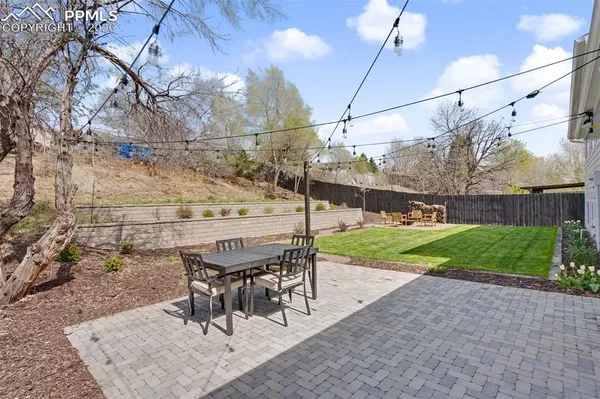 a view of a patio with a table and chairs