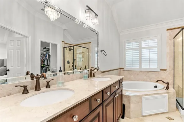 a bathroom with a tub a sink double vanity and a mirror