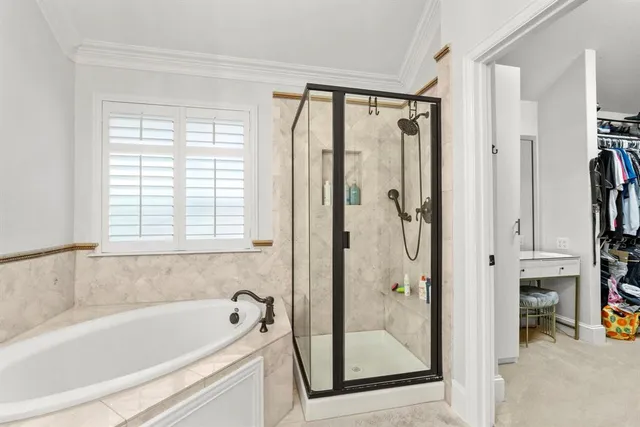 a bathroom with a bathtub and a shower