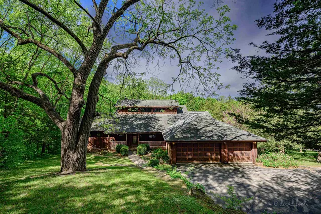a garden view with a seating space