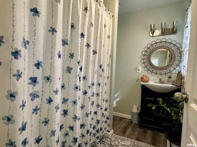 a bathroom with a sink a toilet and a shower curtain