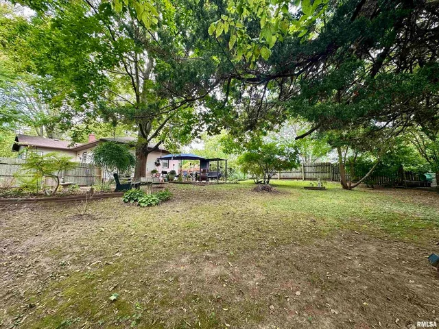 a view of a yard with a house in the background