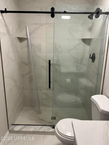 a bathroom with a shower and a toilet
